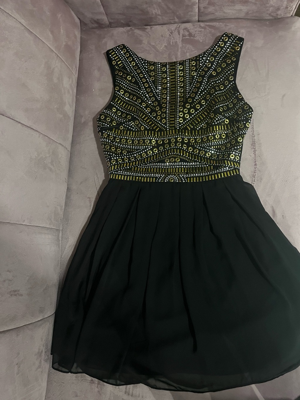 Black and Gold Embellished Fit-and-Flare mini Dress